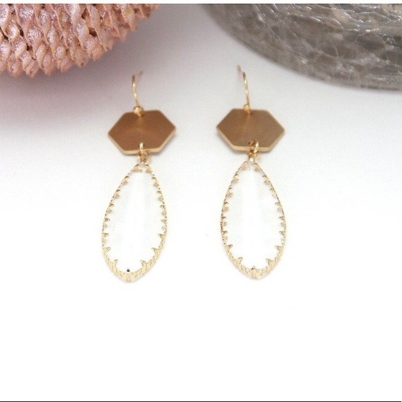 Women’s Clear teardrop gem brushed gold tone hex earrings - Picture 4 of 5